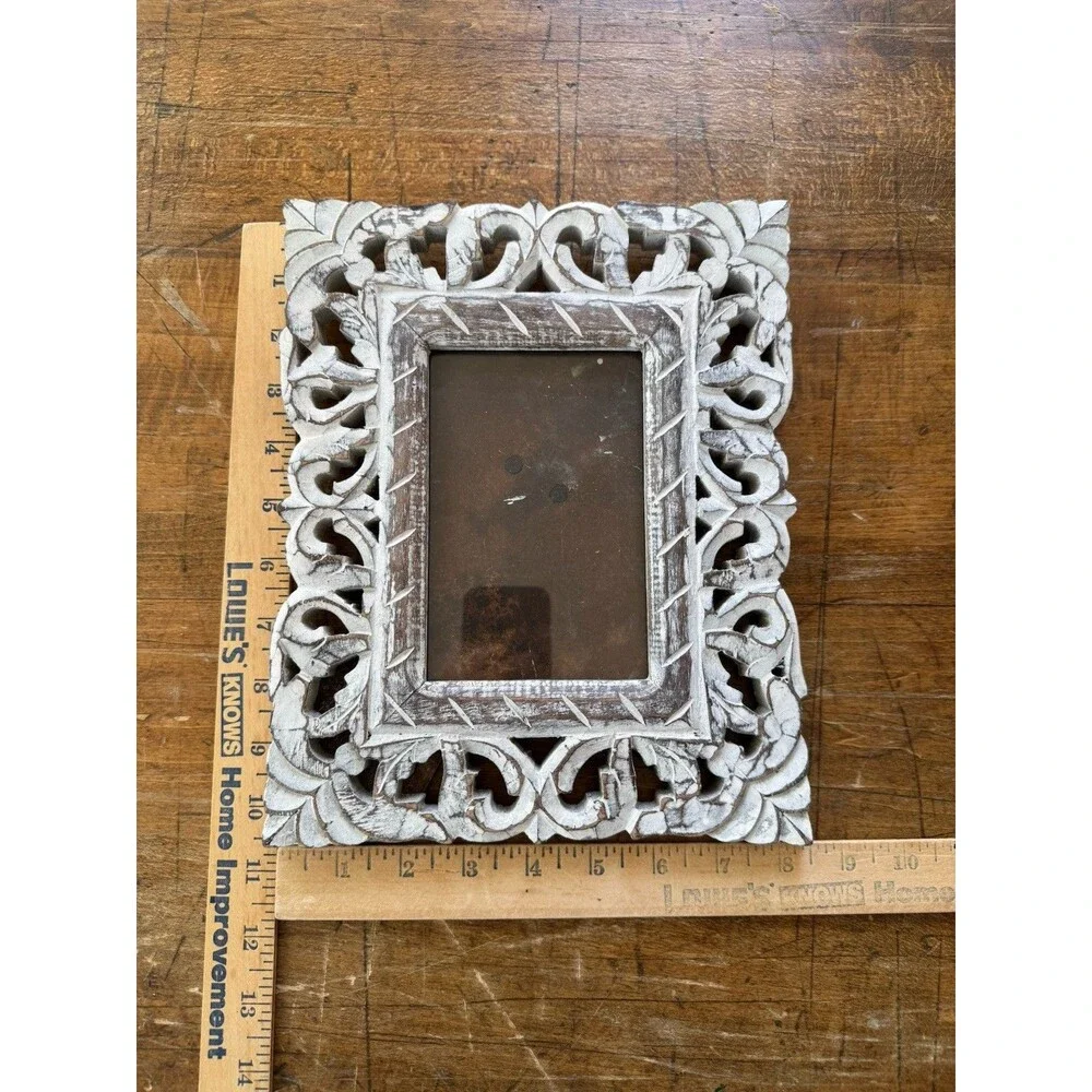 Scalloped Wood Cut Out Picture Frame India White Over Brown Wood 8.25” X 10.25”